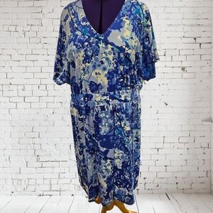 Isaac Mizrahi Live! Blue Floral V-Neck Dress Plus Size 2X Midi